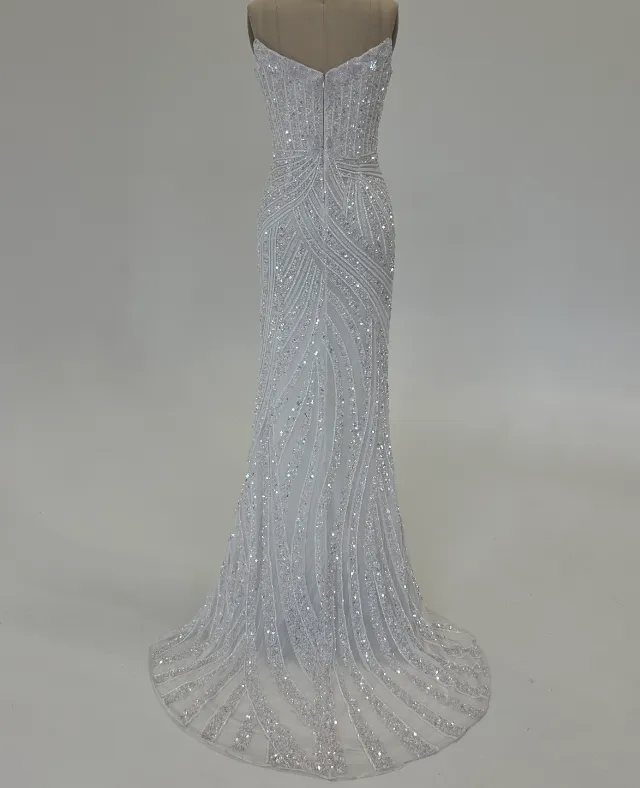 Ashley Lauren 11236 Size 6, 14 IVORY Dress Long Fitted V Neck Slit Beaded Sequin Prom Dress Pageant Gown