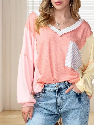 Casual Loose Fit Long Sleeve T-Shirt With Striped Contrast Details