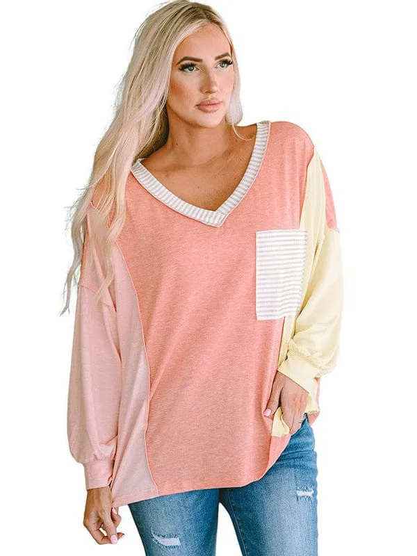 Casual Loose Fit Long Sleeve T-Shirt With Striped Contrast Details