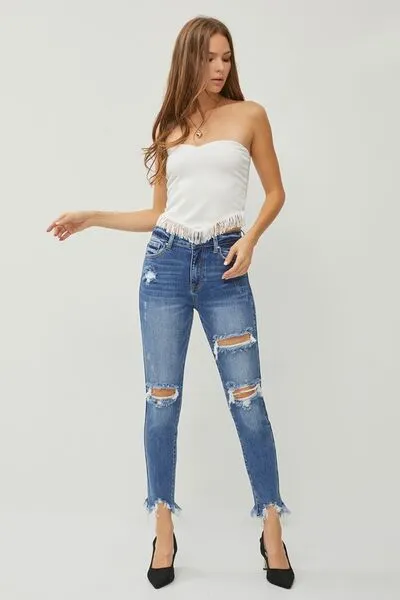 RISEN High Rise Distressed Frayed Hem Skinny Jeans