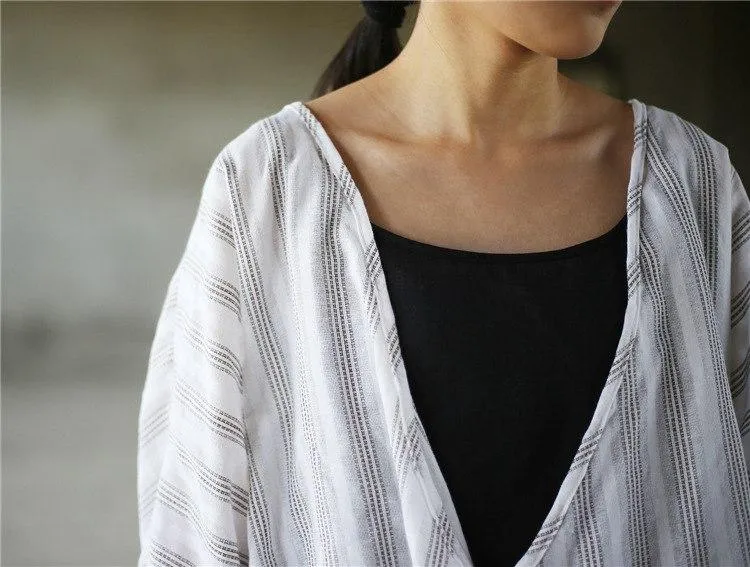 Striped V Neck Wrap Cotton Linen Shirt  | Zen